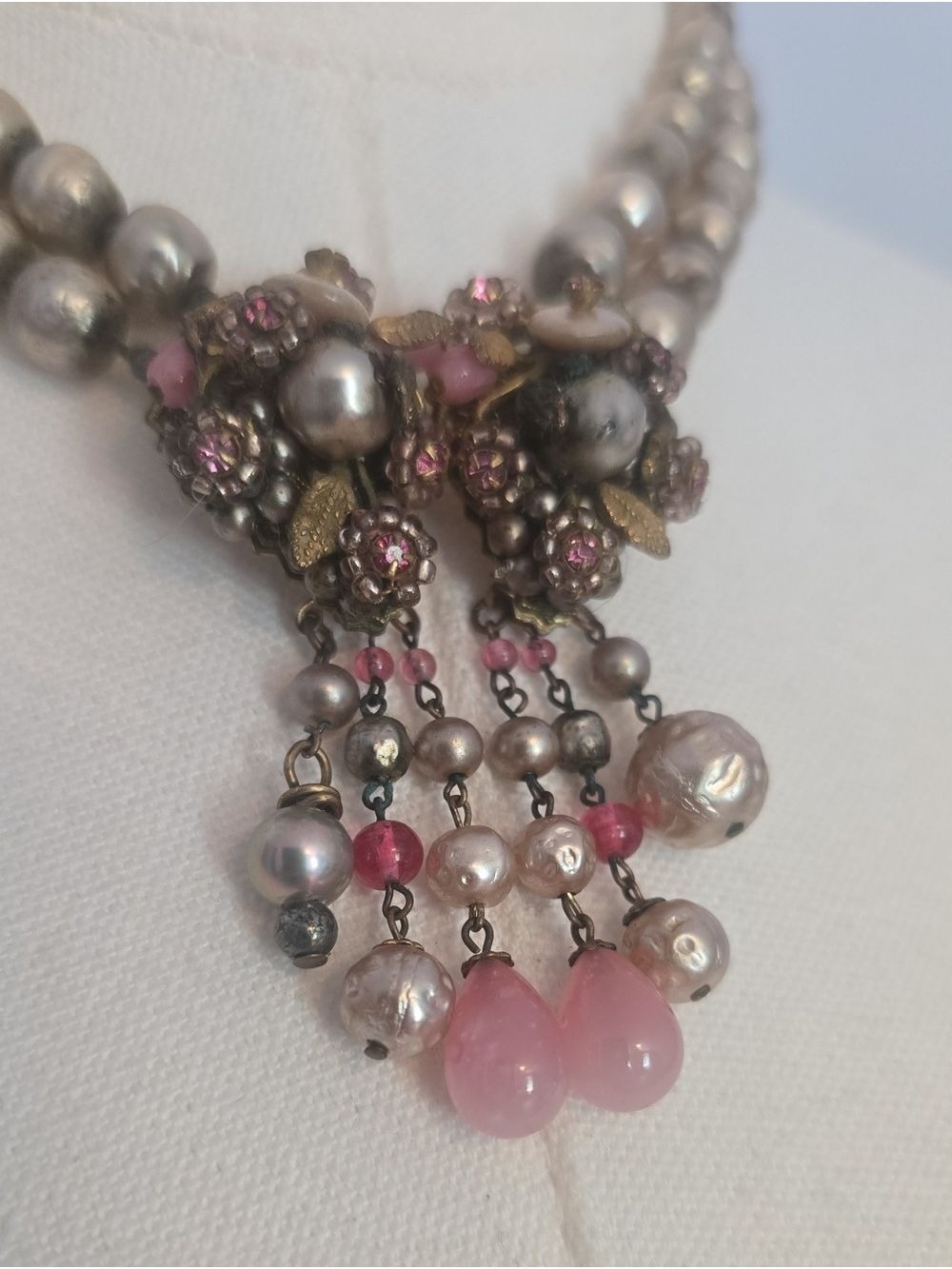 Vintage Two Strand Pearl Rhinestone Beaded Choker Necklace - Picture 3 of 12